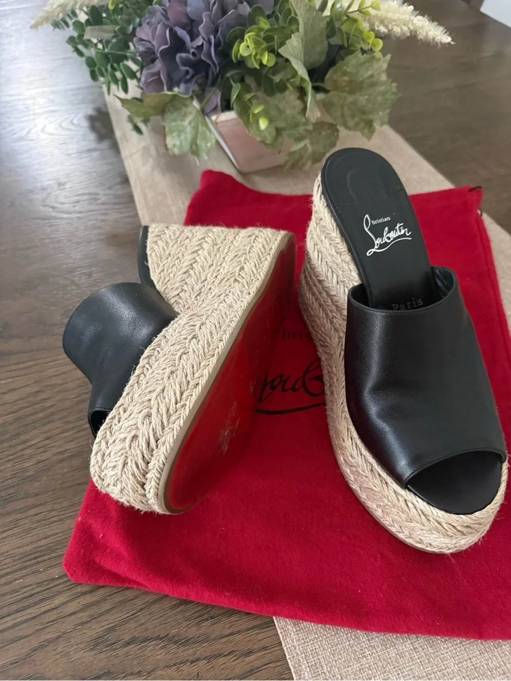 Christian Louboutin Black Leather vraided heel Wedge 5